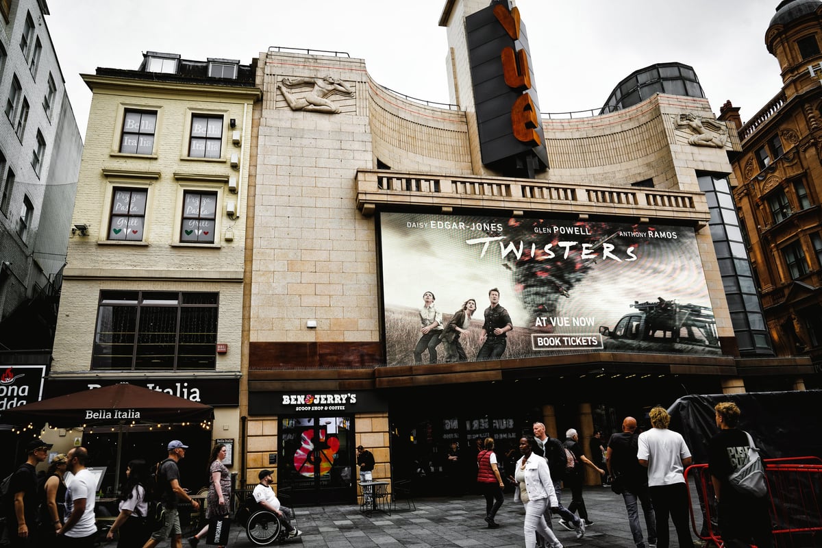 Vue West End Cinema Leicester Square with movie showtimes display